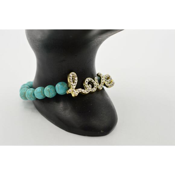 Stretchy Bracelet Faux Turquoise Beaded Rhinestone LOVE Cursive Valentine BinO - Picture 9 of 11